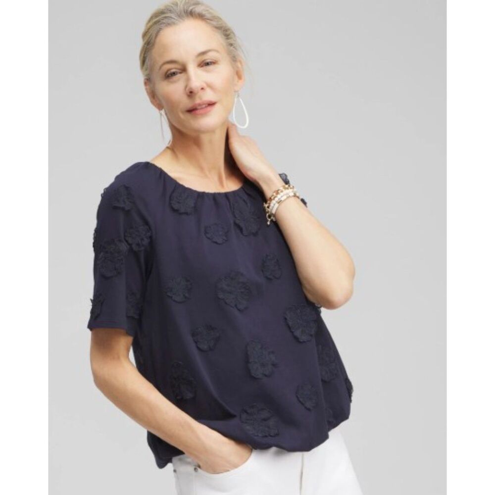 Navy Blue Sz 0 (or Sz Small) Soft Stretchy Lined Bubble Applique Shirt CHICO'S